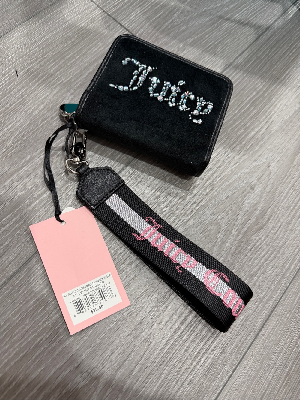 Juicy Couture Black Mini Zip Card Case with Pink Window and Strap